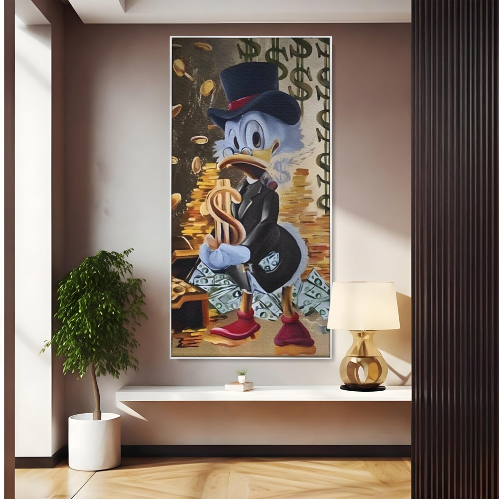 Tablou canvas cu tablou canvas cu scrooge duck si bani, in rama de aluminiu argintiu